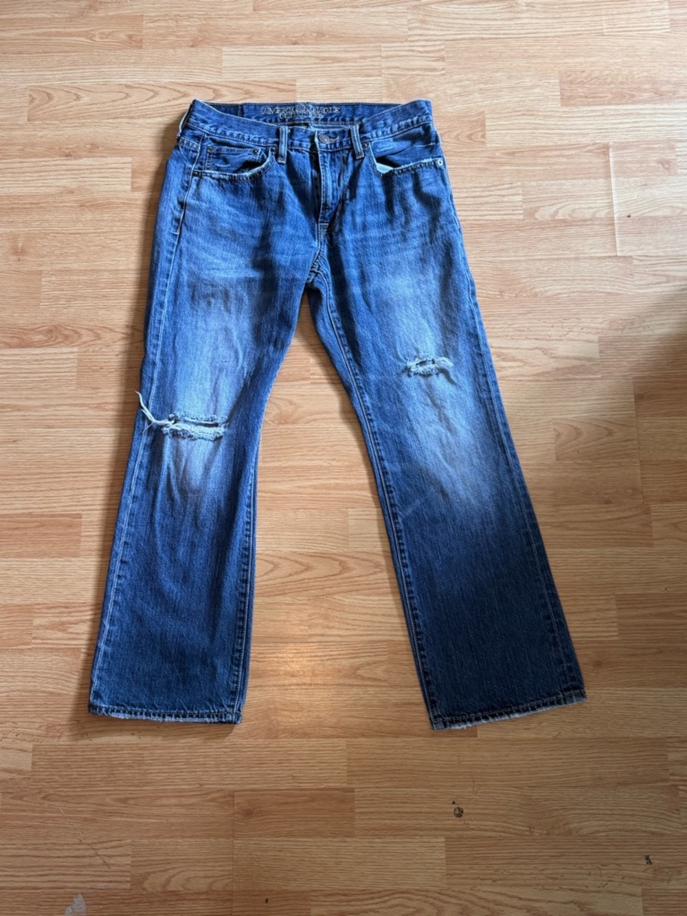 American Eagle Outfitters Blue Straight-Leg Jeans with Knee Distress